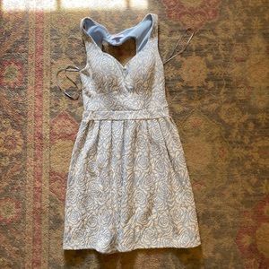 white and blue floral dress